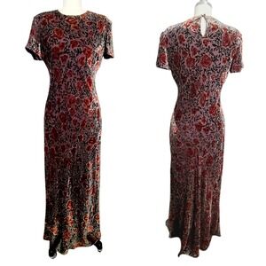 Vtg Kay Unger Brown Burn Out Velvet Floral Maxi‎ Gown 8P Bias Silk Blend Y2k 90s